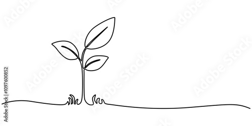 Plant growing continuous one line art drawing of tree plant outline vector illustration. Sprout Continuous Line Illustration, Single line drawing of a plant, Plant growing continuous one line art 
