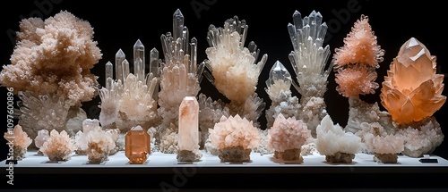 Variety of cut and uncut gemstones showcased on a white display stand, highlighting their natural and refined states 