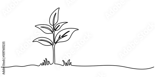 Plant growing continuous one line art drawing of tree plant outline vector illustration. Sprout Continuous Line Illustration, Single line drawing of a plant, Plant growing continuous one line art 
