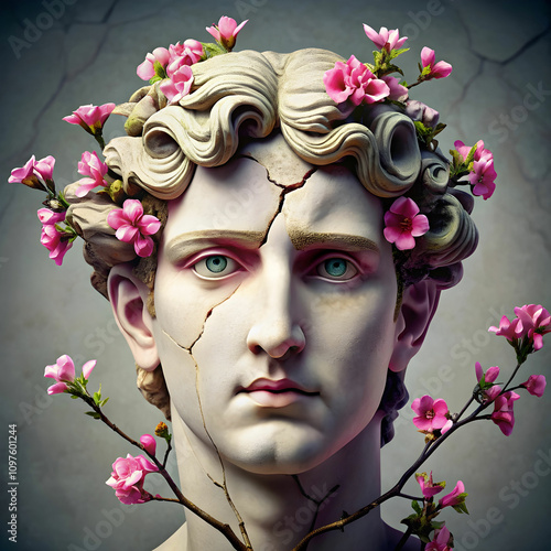 Cracked Greek Sculpture with Blooming Flowers photo