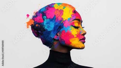 Female model with colorful face paint and vibrant hues showcased against a plain background. photo