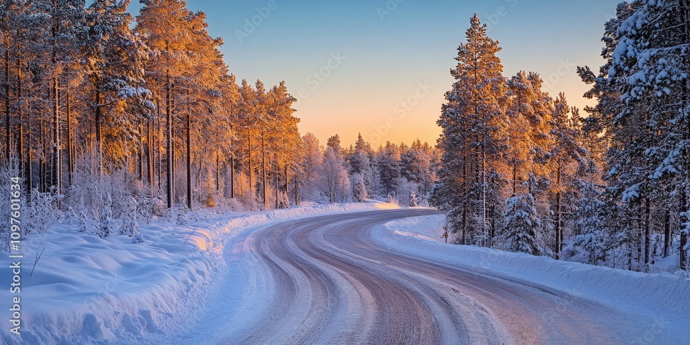 A winding road through a snowy forest at sunset. The trees are covered in white snow, glowing in the warm light of the setting sun. This image captures winter beauty and tranquility. AI A winding road through a snowy forest at sunset. The trees are covered in white snow, glowing in the warm light of the setting sun. This image captures winter beauty and tranquility. AI