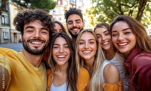 Friends Taking Selfie in Urban Park with Smiles and Casual Outfits