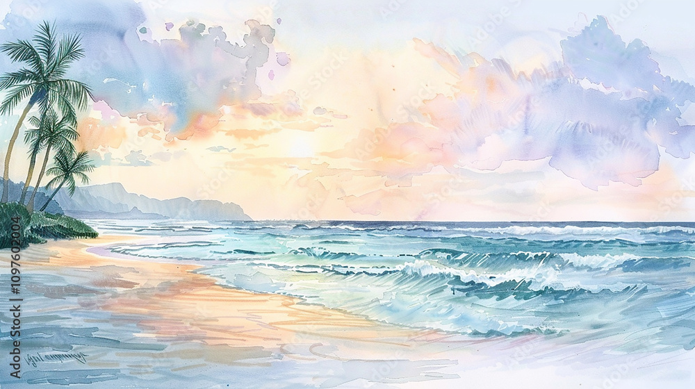 A tranquil watercolor painting capturing the beauty of a secluded beach at sunset, with soft pastel skies, gently rolling waves, and palm trees swaying in the breeze. A tranquil watercolor painting capturing the beauty of a secluded beach at sunset, with soft pastel skies, gently rolling waves, and palm trees swaying in the breeze.