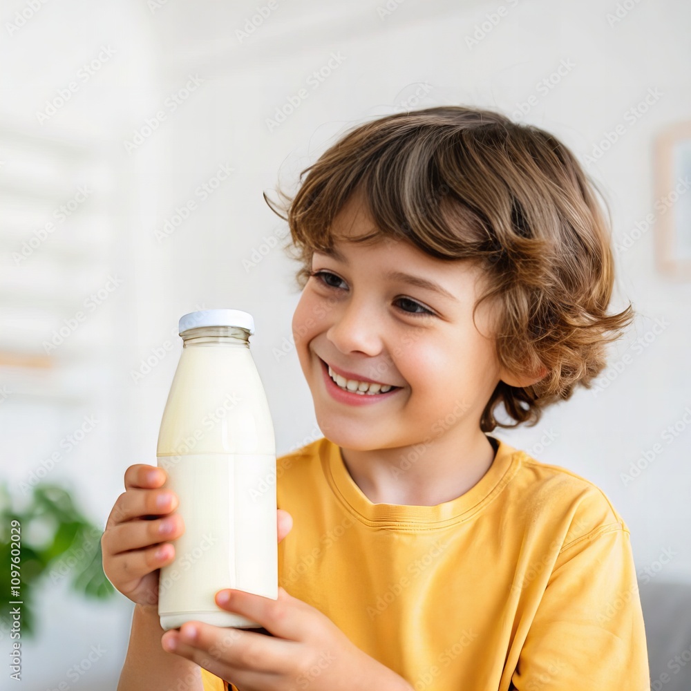 Smiling Child Holding a Bottle of Milk
