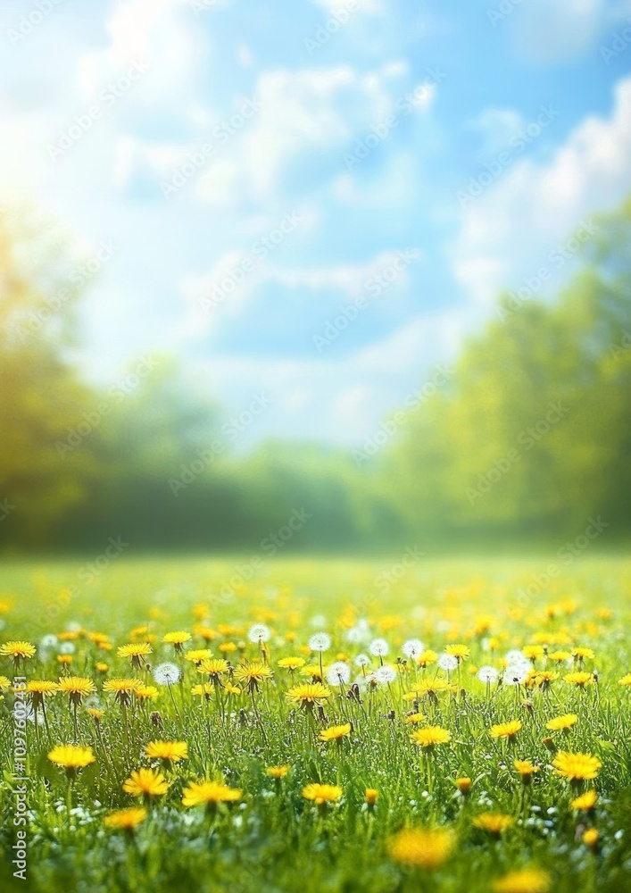 Fototapeta premium Lush Green Meadow with Dandelions and Small Flowers under Clear Blue Sky