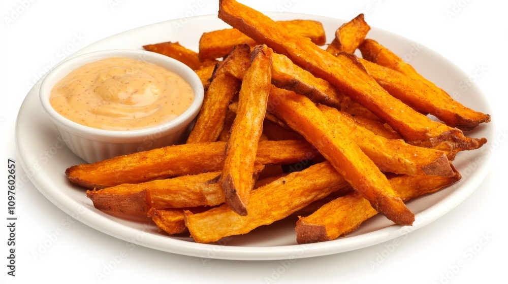 A plate of crispy sweet potato fries served with a side of spicy aioli dipping sauce, Each fry golden and crunchy A plate of crispy sweet potato fries served with a side of spicy aioli dipping sauce, Each fry golden and crunchy