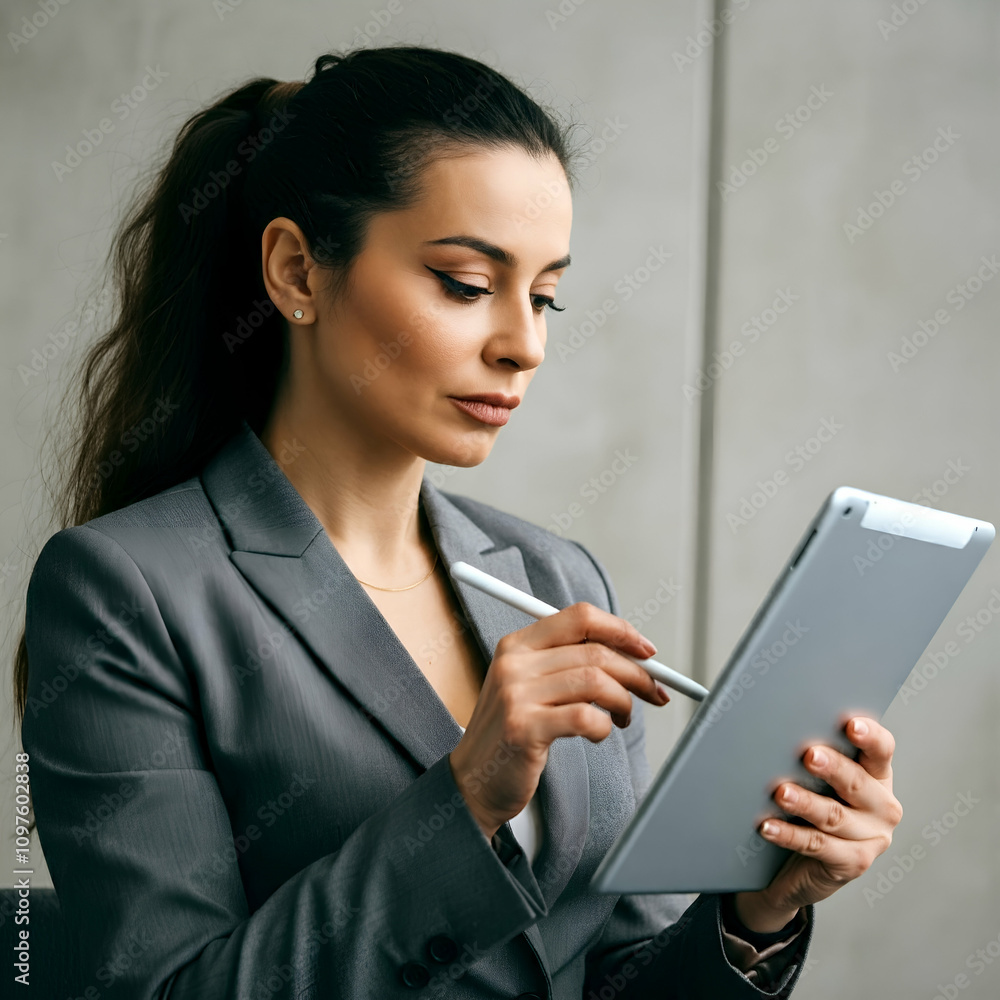 Businesswoman Using Digital Tablet in Office, Professional Woman Analyzing Data
