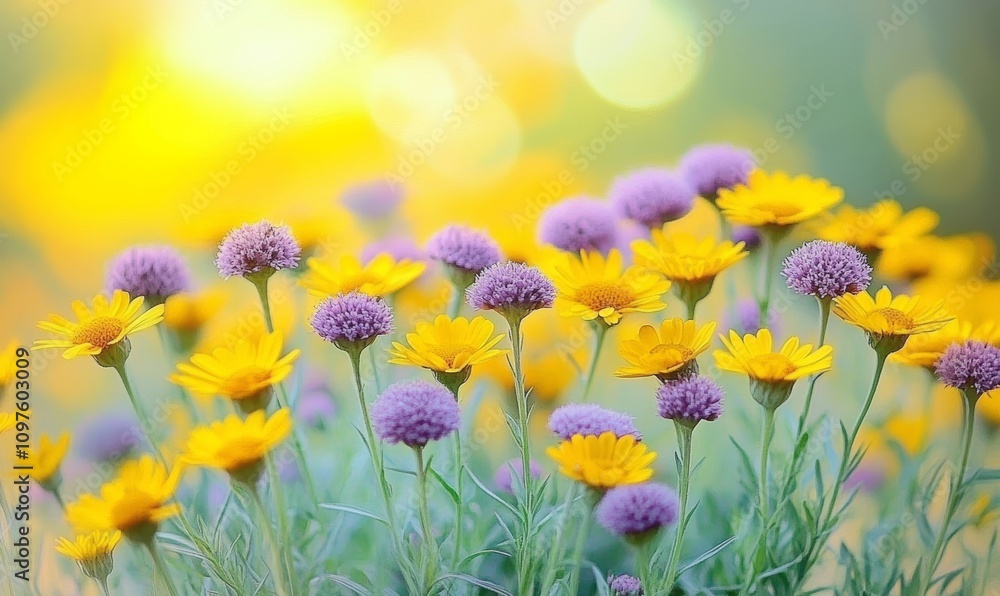Vibrant Lush Field of Yellow and Purple Wildflowers in Nature on a Sunny Day with Dreamy Soft Focus Vibrant Lush Field of Yellow and Purple Wildflowers in Nature on a Sunny Day with Dreamy Soft Focus