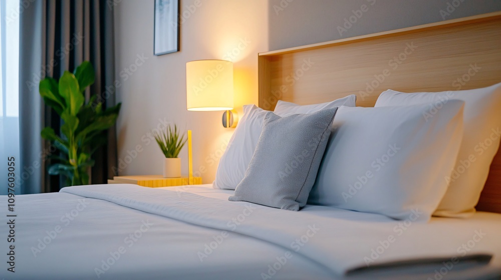 A cozy and modern bedroom featuring a neatly made bed, decorative pillows, a bedside lamp, and a touch of greenery from a nearby plant. A cozy and modern bedroom featuring a neatly made bed, decorative pillows, a bedside lamp, and a touch of greenery from a nearby plant.