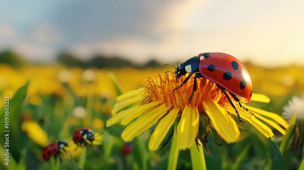 Fototapeta premium A vibrant ladybug perched on a bright yellow flower amidst a lush green field, capturing the beauty of nature in a sunny landscape.