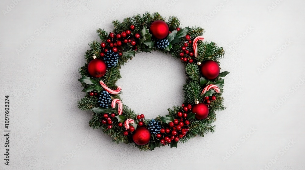 Festive Christmas wreath adorned with red ornaments and seasonal greens. Festive Christmas wreath adorned with red ornaments and seasonal greens.