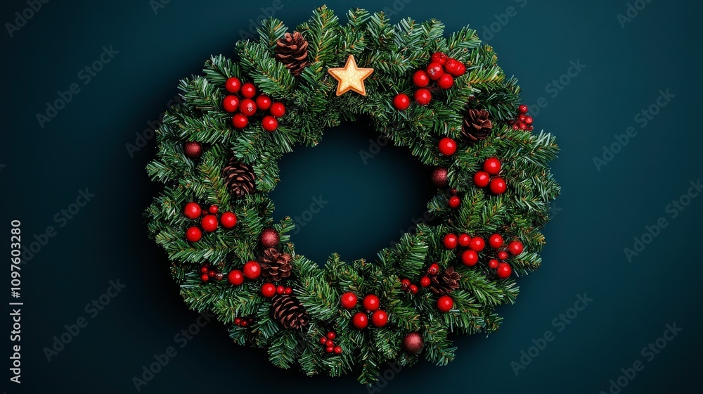 A festive green Christmas wreath adorned with red berries, pine cones, and a golden star on a dark background. A festive green Christmas wreath adorned with red berries, pine cones, and a golden star on a dark background.