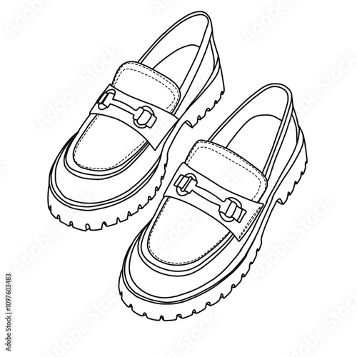 Women's Loafers, Slip-On Platform Chunky Heel Shoes Line art, Technical sketch hand drawing outline vector doodle top isometric 3D view isolated on white background for coloring page