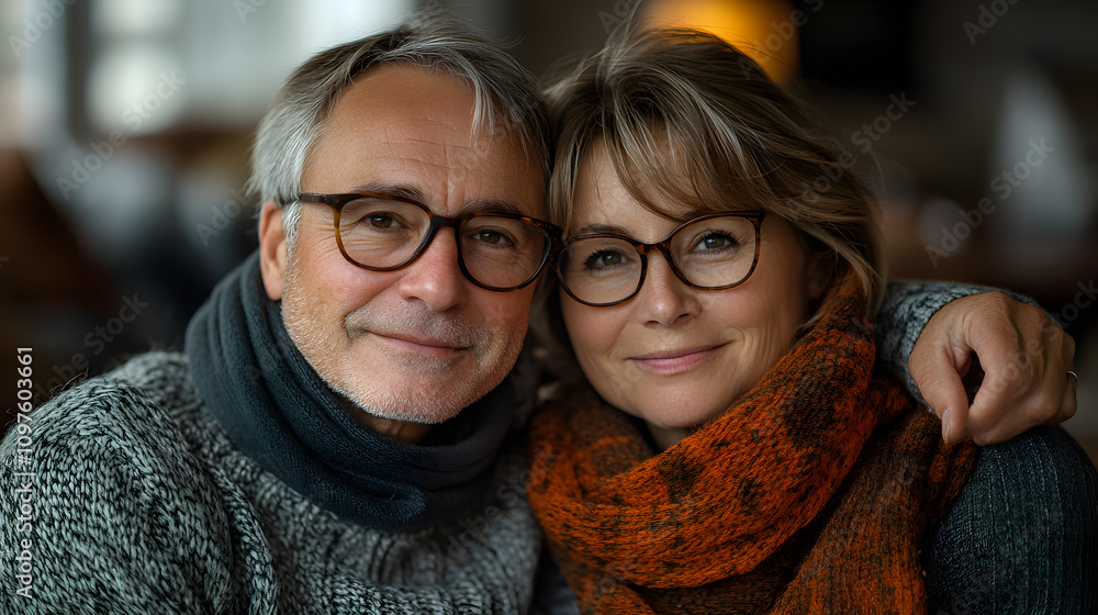 close-up of a mature couple, wearing glasses and cozy scarves, smiling softly at the camera. The warm tones and relaxed setting highlight their loving bond and comfort. close-up of a mature couple, wearing glasses and cozy scarves, smiling softly at the camera. The warm tones and relaxed setting highlight their loving bond and comfort.
