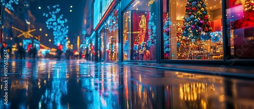 Rainy night city street, Christmas shop windows reflecting in wet pavement.