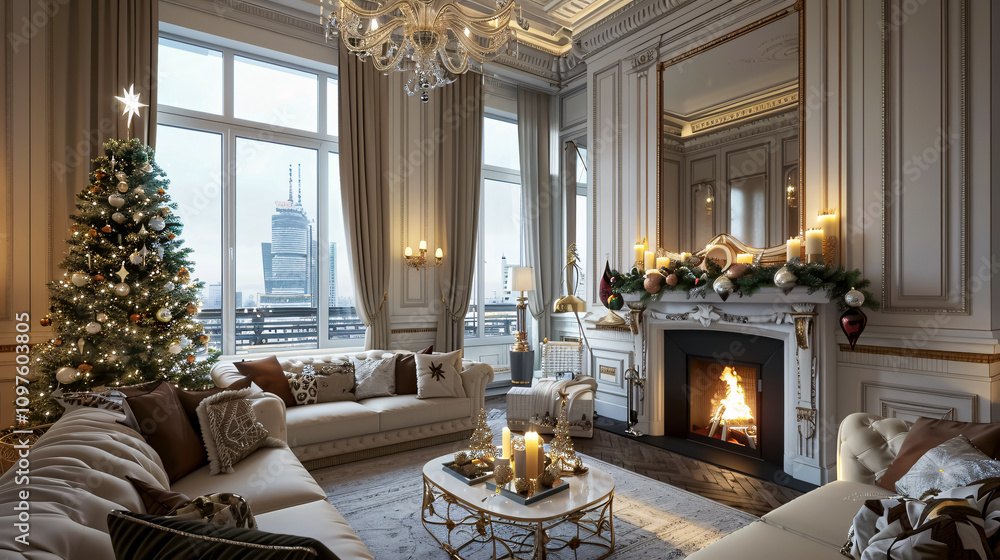 Christmas evening ambiance in a classic apartment, featuring a white fireplace, a decorated tree, a sofa, large windows, and a chandelier, creating a warm and festive atmosphere. Christmas evening ambiance in a classic apartment, featuring a white fireplace, a decorated tree, a sofa, large windows, and a chandelier, creating a warm and festive atmosphere.