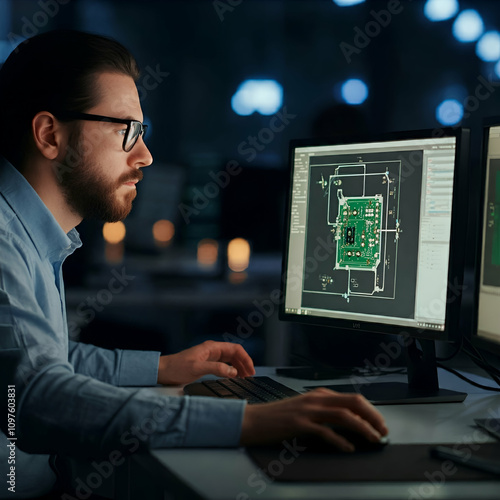 Engineer Designing Circuit Boards on Computer, Professional Working on PCB Layout in High-Tech Lab
