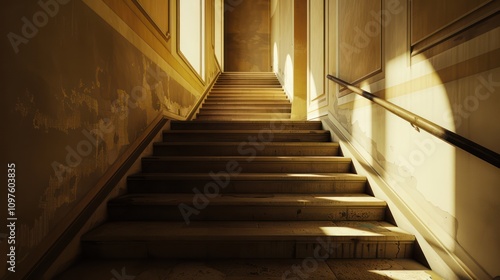 dynamic shot from the staircase, focusing on the interplay of light and shadow on the hallway's architecture