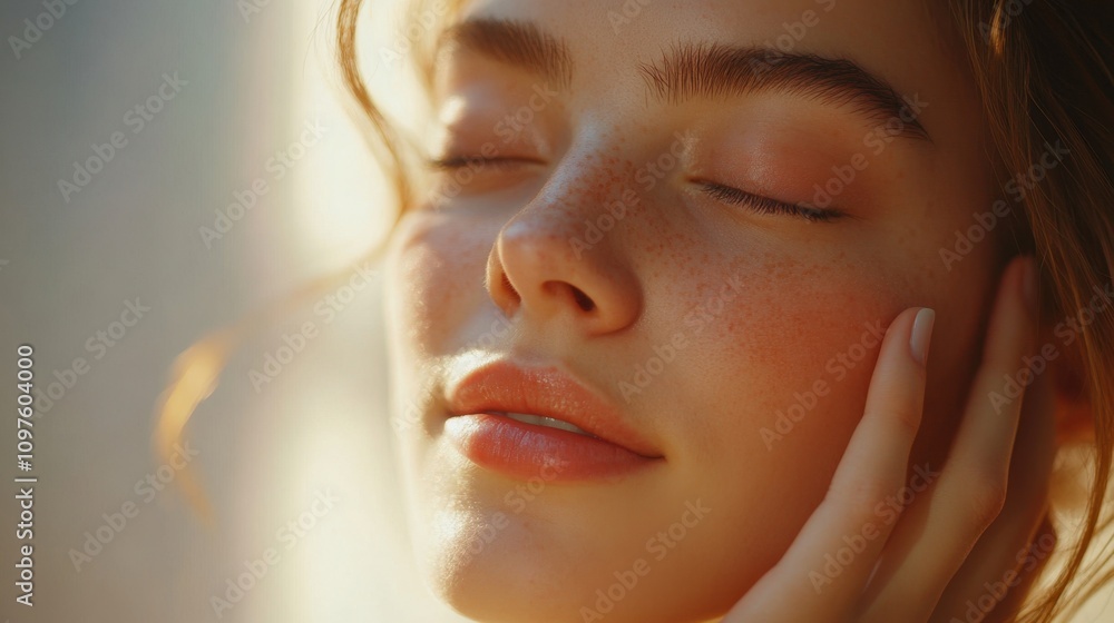 woman touching her flawless skin on face woman touching her flawless skin on face