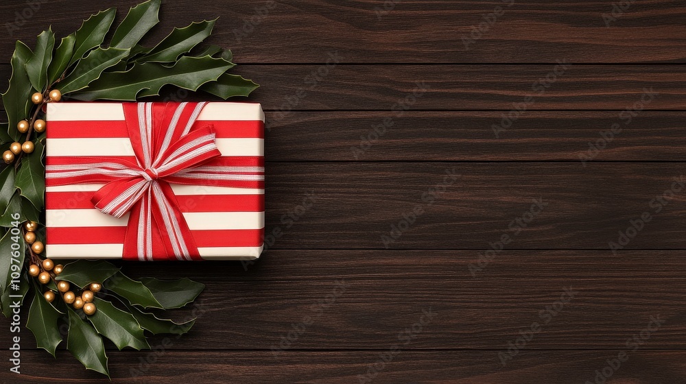 Obraz premium A beautifully wrapped gift with red and white stripes, surrounded by festive holly, perfect for the holiday season.