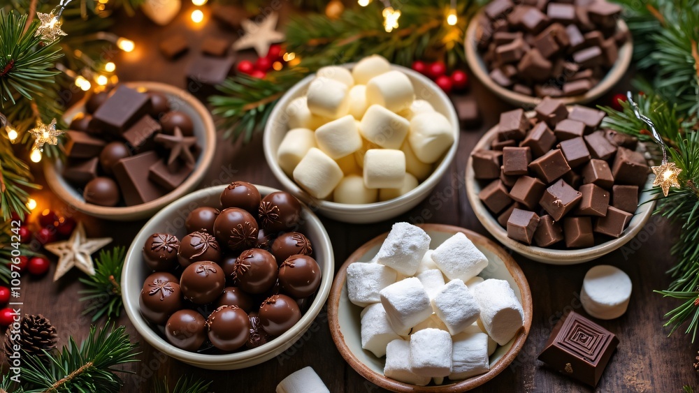 Obraz premium Festive Christmas Chocolate Table, Milk, Dark Chocolates & Marshmallows