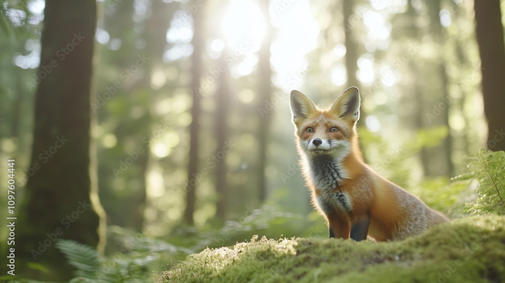 Red fox sitting in sunlit forest. Red fox sitting in sunlit forest.