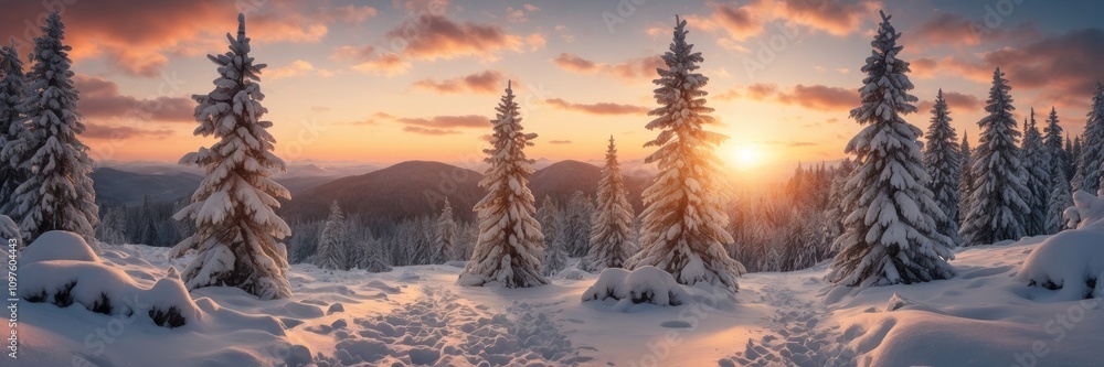 Obraz premium Winter landscape with pine forest covered with snow and scenic sky at sunset