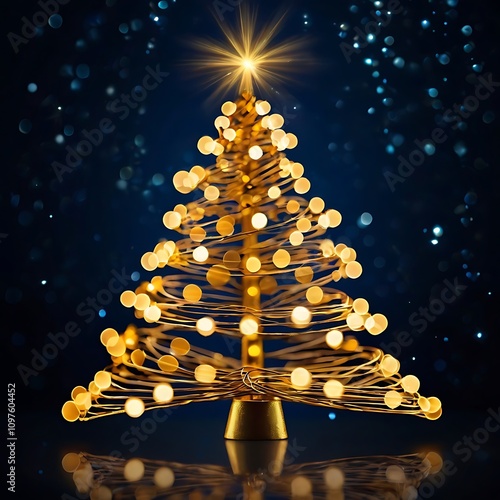 Golden bokeh lights creating the shape of a glowing Christmas tree against a dark blue background.