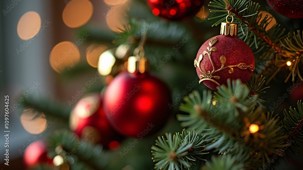 Elegant Red & Gold Christmas Tree Ornaments Close-Up Elegant Red & Gold Christmas Tree Ornaments Close-Up