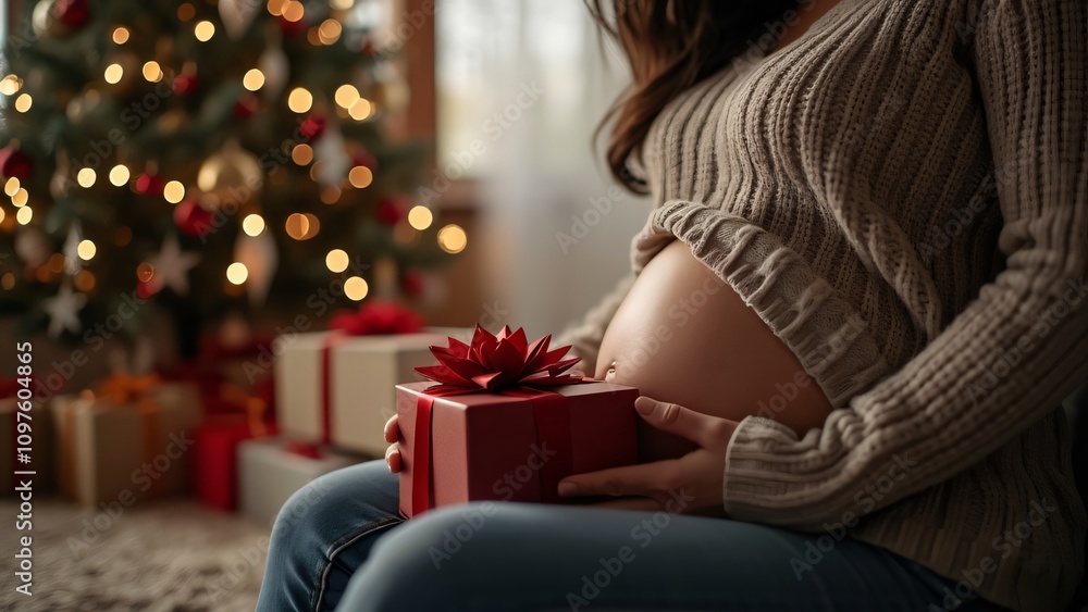Pregnant Woman Holding Christmas Gift Near Tree Pregnant Woman Holding Christmas Gift Near Tree