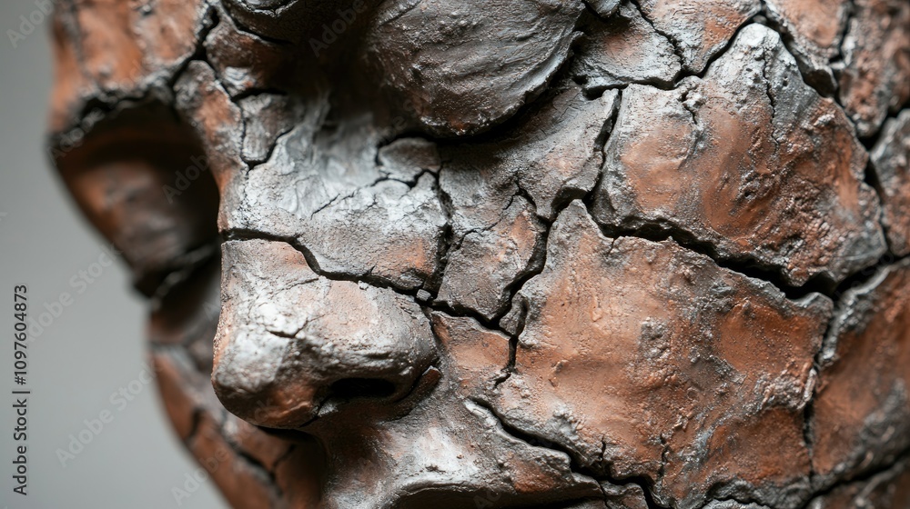 A close-up view of cracks on a baked clay sculpture, highlighting the delicate texture and intricate details of the weathered surface. A close-up view of cracks on a baked clay sculpture, highlighting the delicate texture and intricate details of the weathered surface.