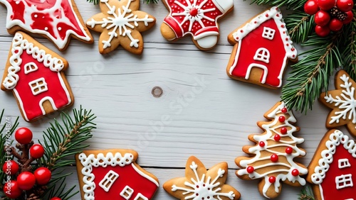 Christmas Gingerbread Cookies, Red & White Snowflake, House, Tree Designs photo