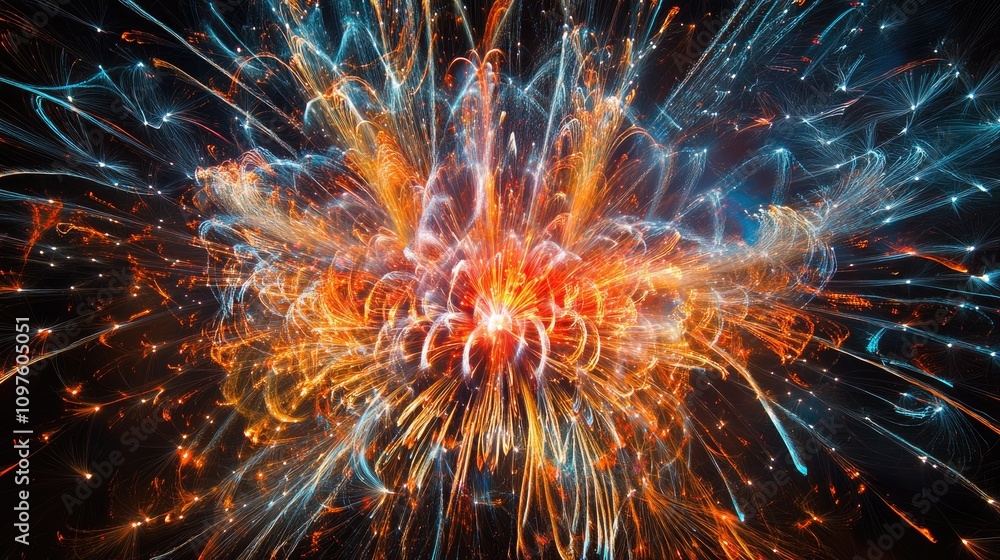 Vibrant fireworks exploding into unique patterns, lighting up the sky in a stunning New Year celebration Vibrant fireworks exploding into unique patterns, lighting up the sky in a stunning New Year celebration