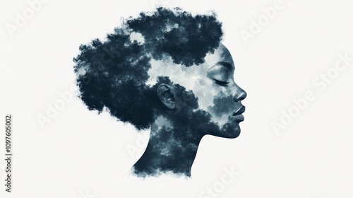 Profile of a Black woman with an artistic cloud design in her hair, embodying creativity and imagination.