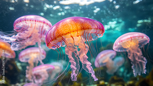 group of colorful jellyfish glowing in the sunlight, floating gracefully in clear ocean waters, surrounded by marine vegetation.