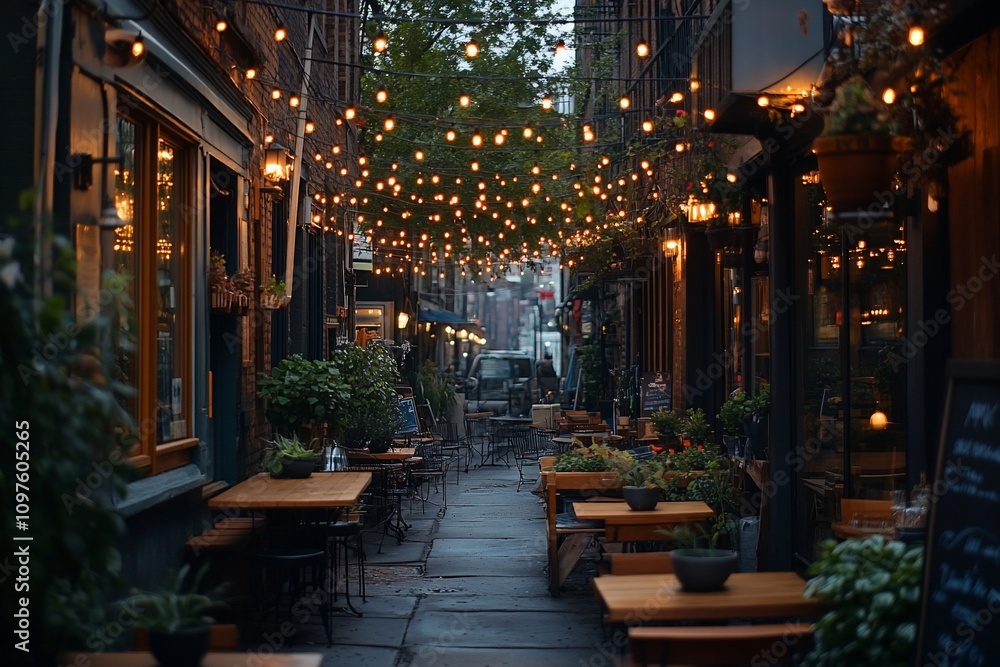 Romantic alleyway with string lights, outdoor seating, and restaurants at dusk. Romantic alleyway with string lights, outdoor seating, and restaurants at dusk.
