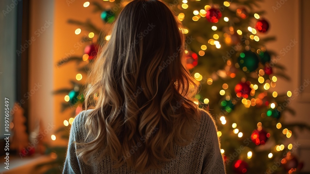 Woman's Back, Shoulder-Length Wavy Brown Hair with Blonde Highlights, Christmas Tree Woman's Back, Shoulder-Length Wavy Brown Hair with Blonde Highlights, Christmas Tree