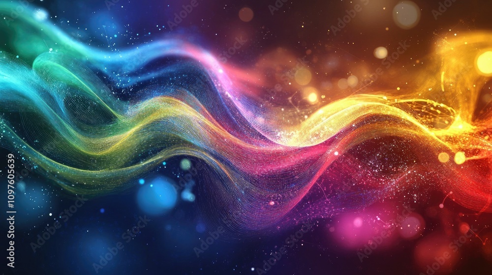 A digital wave of colorful lines and particles flowing across the screen, representing the fluidity of modern digital technology. A digital wave of colorful lines and particles flowing across the screen, representing the fluidity of modern digital technology.