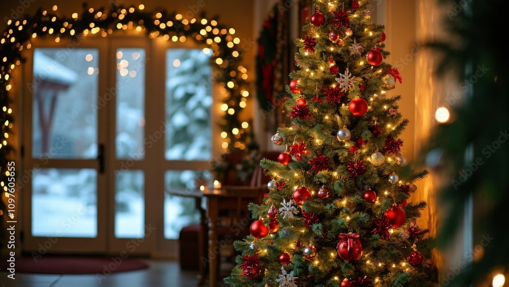 Decorated Christmas Tree in Entrance Hall with Red and Green Ornaments Decorated Christmas Tree in Entrance Hall with Red and Green Ornaments