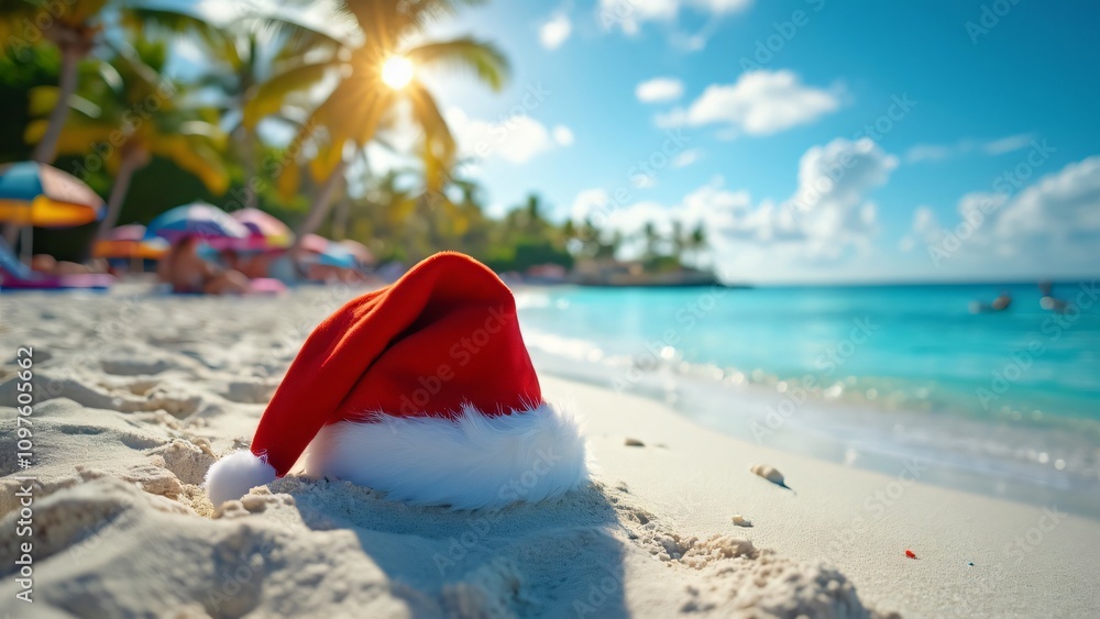 Caribbean Christmas, Santa Hat on Tropical Beach Caribbean Christmas, Santa Hat on Tropical Beach