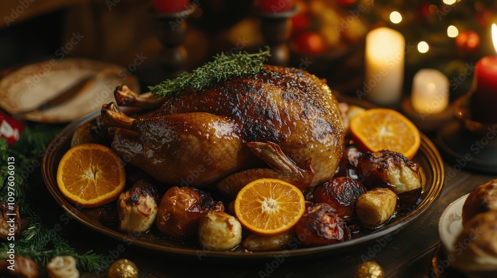 A golden, crispy roast duck glazed with a tangy orange sauce, garnished with orange slices and fresh thyme, served on a festive platter with roasted vegetables A golden, crispy roast duck glazed with a tangy orange sauce, garnished with orange slices and fresh thyme, served on a festive platter with roasted vegetables