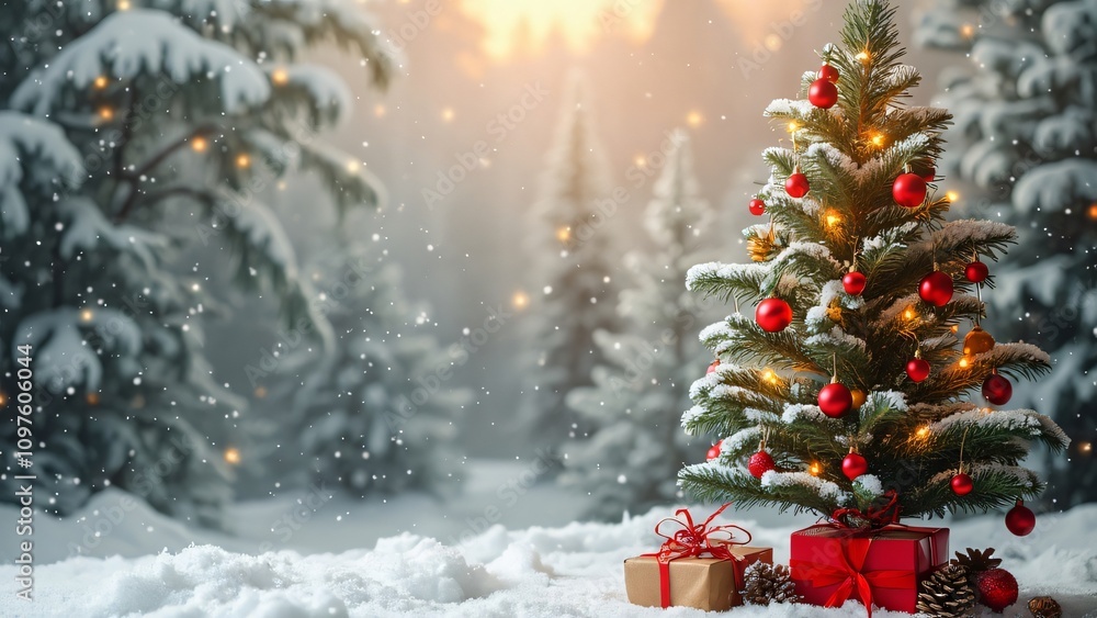 Snowy Christmas Tree with Gifts & Copy Space Snowy Christmas Tree with Gifts & Copy Space