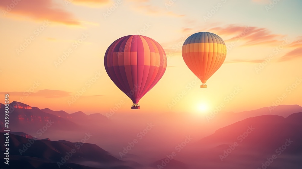 Obraz premium Colorful hot air balloons drifting at sunset over majestic mountains.