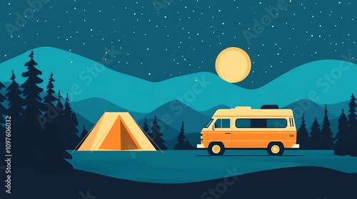 Camping scene with a van and tent under a starry night sky.