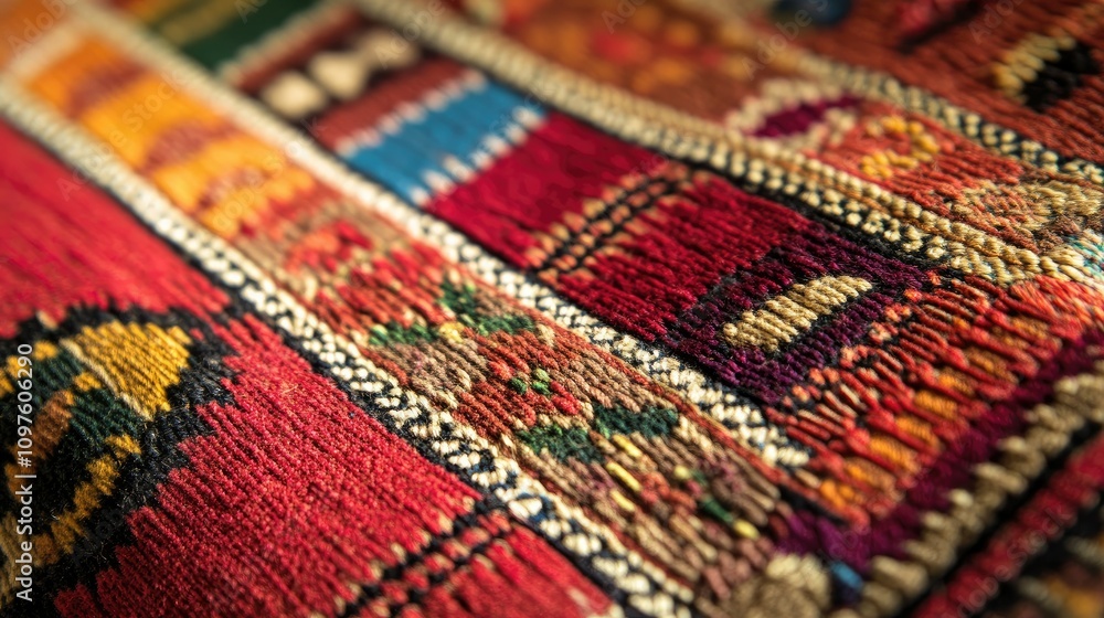A high-angle view of an exquisite Peruvian weaving with detailed traditional patterns, reflecting the cultural heritage of the Andes. A high-angle view of an exquisite Peruvian weaving with detailed traditional patterns, reflecting the cultural heritage of the Andes.
