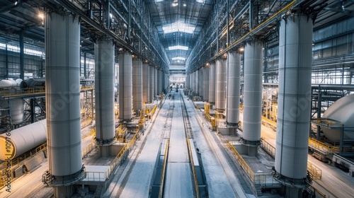 A high-angle shot of large industrial kilns arranged in a warehouse, processing gypsum boards in a modern manufacturing plant.