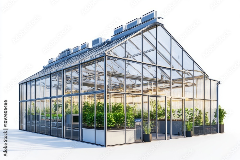 Modern greenhouse design featuring large glass panels and solar panels. A perfect example of sustainable architecture. Ideal for gardening and agricultural purposes. Generative AI Modern greenhouse design featuring large glass panels and solar panels. A perfect example of sustainable architecture. Ideal for gardening and agricultural purposes. Generative AI