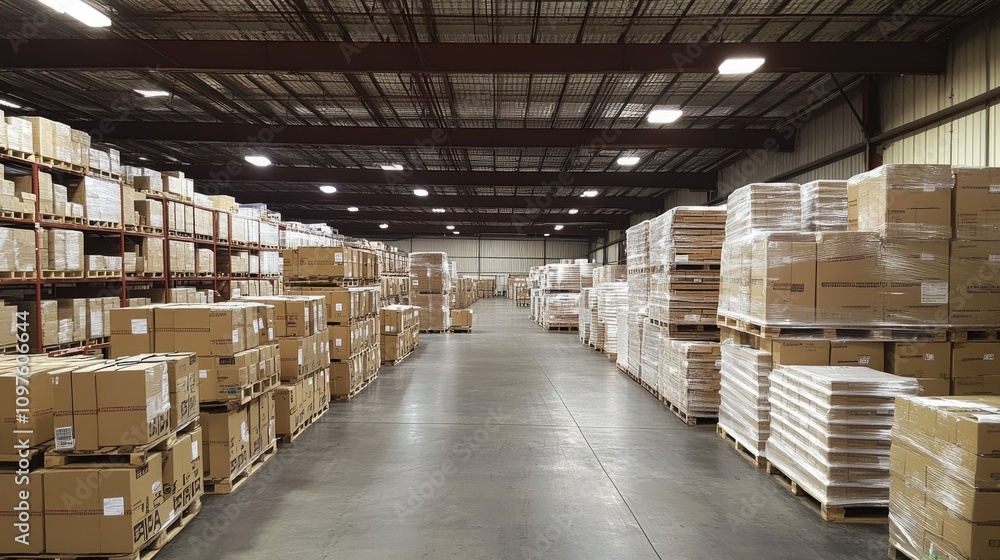 A large, well-organized warehouse with rows of stacked cardboard boxes, illustrating the efficient management of goods and inventory. A large, well-organized warehouse with rows of stacked cardboard boxes, illustrating the efficient management of goods and inventory.