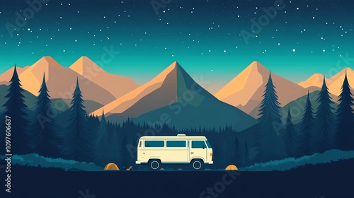 Vintage camper van in a mountainous landscape under a starry sky.
